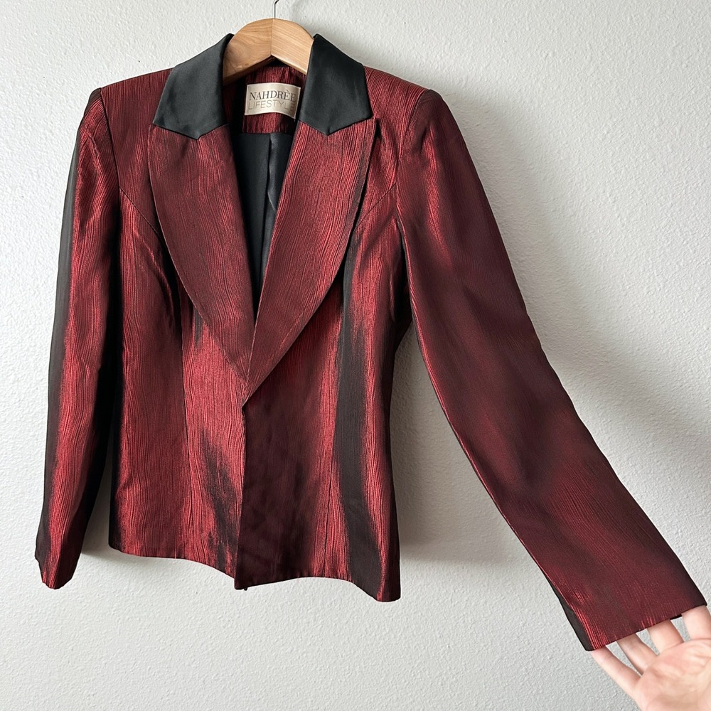 Vintage Nahdree Lifestyle Red Metallic Sateen Blazer Jacket Women's Size 10 - Picture 4 of 15